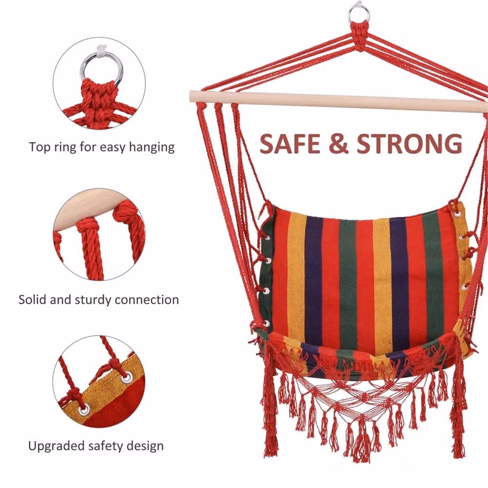 EONLION Red and Multicolour Striped Fabric Hammock Chair Swing with Wood Support, Diameter: 100 cm – 3