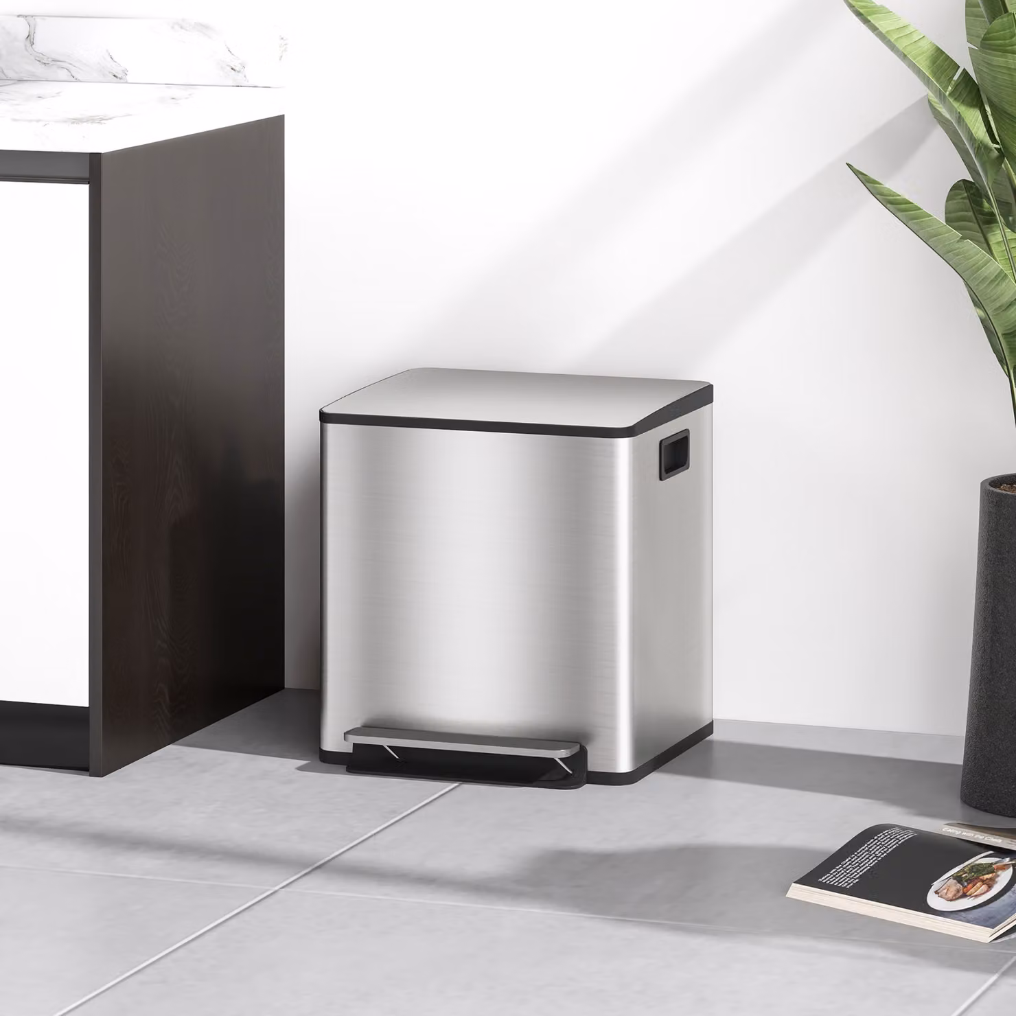HOMCOM 30L Dual Compartment Stainless Steel Pedal Bin with Odour Filter and Removable Inner Buckets in Silver Tone – 2