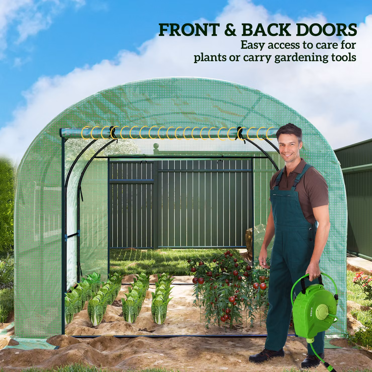 Outsunny Green Walk-In Polytunnel Greenhouse with Roller Window, W: 300 cm, D: 300 cm, H: 200 cm – 4
