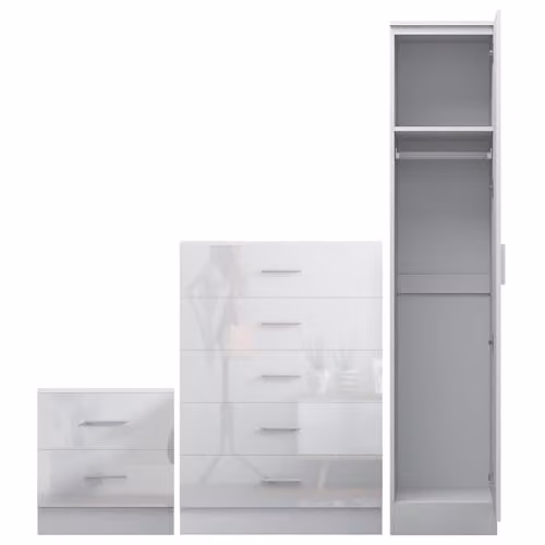 Reflect Modern Bedroom Furniture Set in White Gloss and Matt White Finish featuring 1 Door Wardrobe, 5 Drawer Chest and 2 Drawer Bedside Table – 2