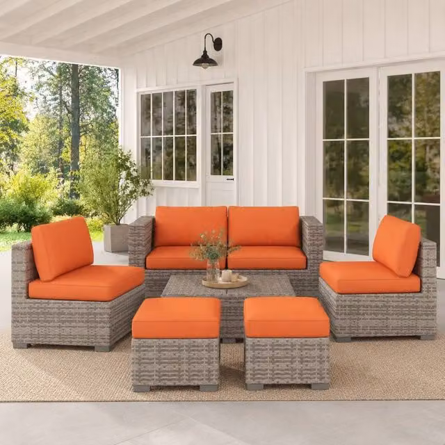 STILVORA 6-Seater Modern Sofa with Footstools in Orange with Metal and Rattan Details