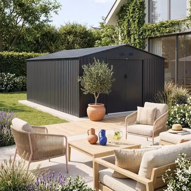 Sweekeek Galvanised Steel Garden Shed with Sliding Doors and Anchoring Kit, Dark Grey, 15.35m²