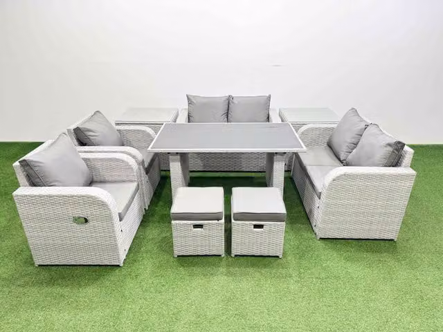 Fimous 9 Piece Patio Garden Furniture Set with Cushions and 2 Side Tables in Light Grey