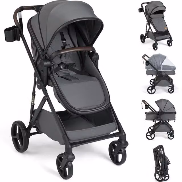 Costway Foldable Convertible Baby Stroller with Bassinet in Grey
