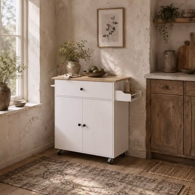 Wyld Haus Seto White and Oak Rolling Kitchen Island with Drop Leaf Countertop and Drawer, W/D/H: 106 x 42 x 87 cm – 1