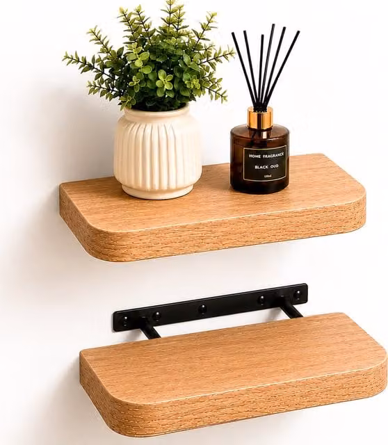 Innoteck Set of 2 Oak Floating Wall Shelves with Rounded Edges, 40 cm