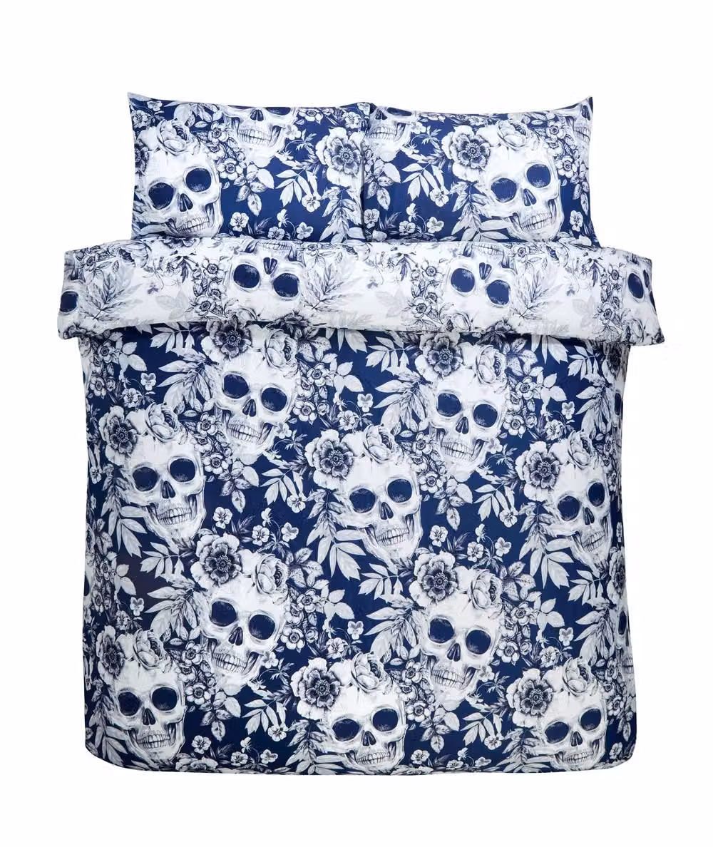 Rapport Home Gothic Floral Skull Reversible Microfibre Duvet Cover and Pillowcase Set in Blue and White, Duvet: 200 x 200 cm, Pillowcase: 50 x 75 cm – 3