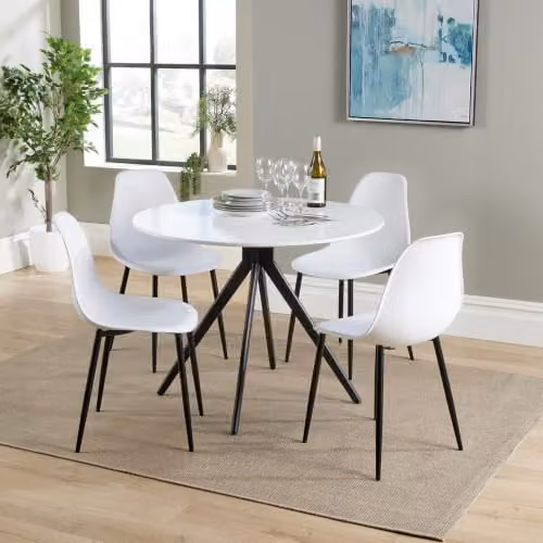 Core Products Aspen 5-Piece Dining Set with Round White Wood Table and 4 White Plastic Chairs with Black Metal Legs – 2