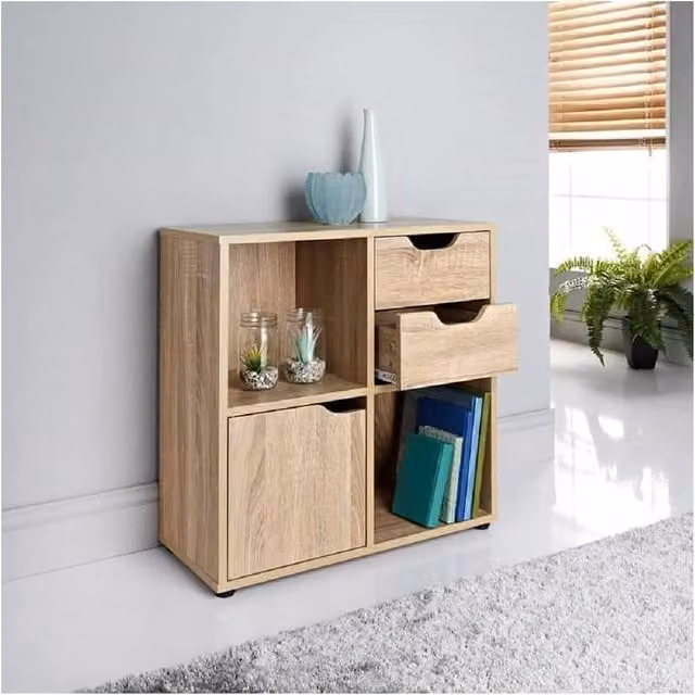 SPOT ON DEALZ 2 Cube Storage Unit with 2 Drawers Wooden Bookcase Display Cabinet in Light Oak, W/D/H: 60 x 29 x 60 cm