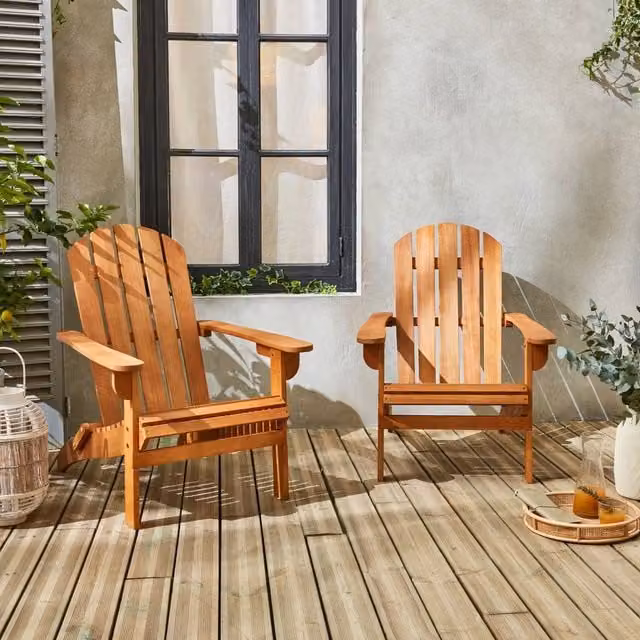 sweeek Pair of Brown Oiled Wooden Garden Deck Chairs with Armrests