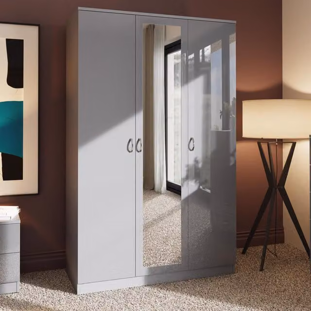 FWStyle Modern High Gloss Grey 3 Door Mirrored Wardrobe with Soft Close Hinges, H 181 x W 114 x D 55 cm – 3