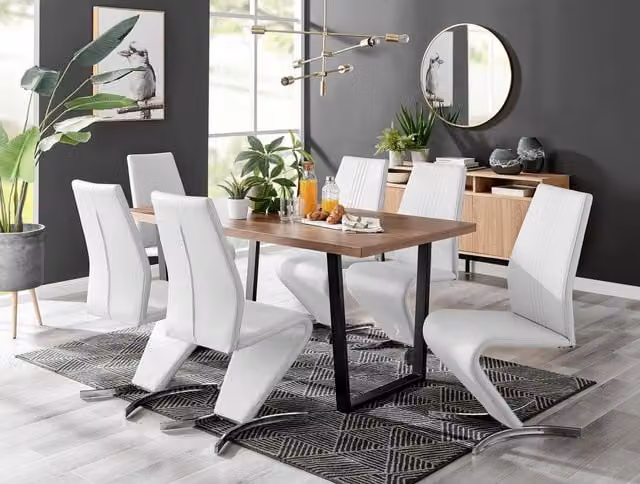 FurnitureboxUK Kylo Brown Wood Effect Rectangular Dining Table and 6 White Willow Faux Leather Chairs – 1
