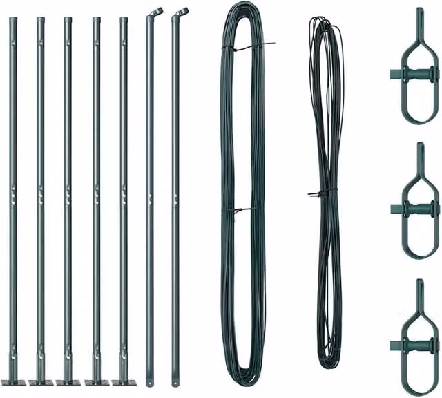 Berkfield Home Set of 14 Green Round Galvanised Steel Metal Fence Posts with Bolt Down Base Plates