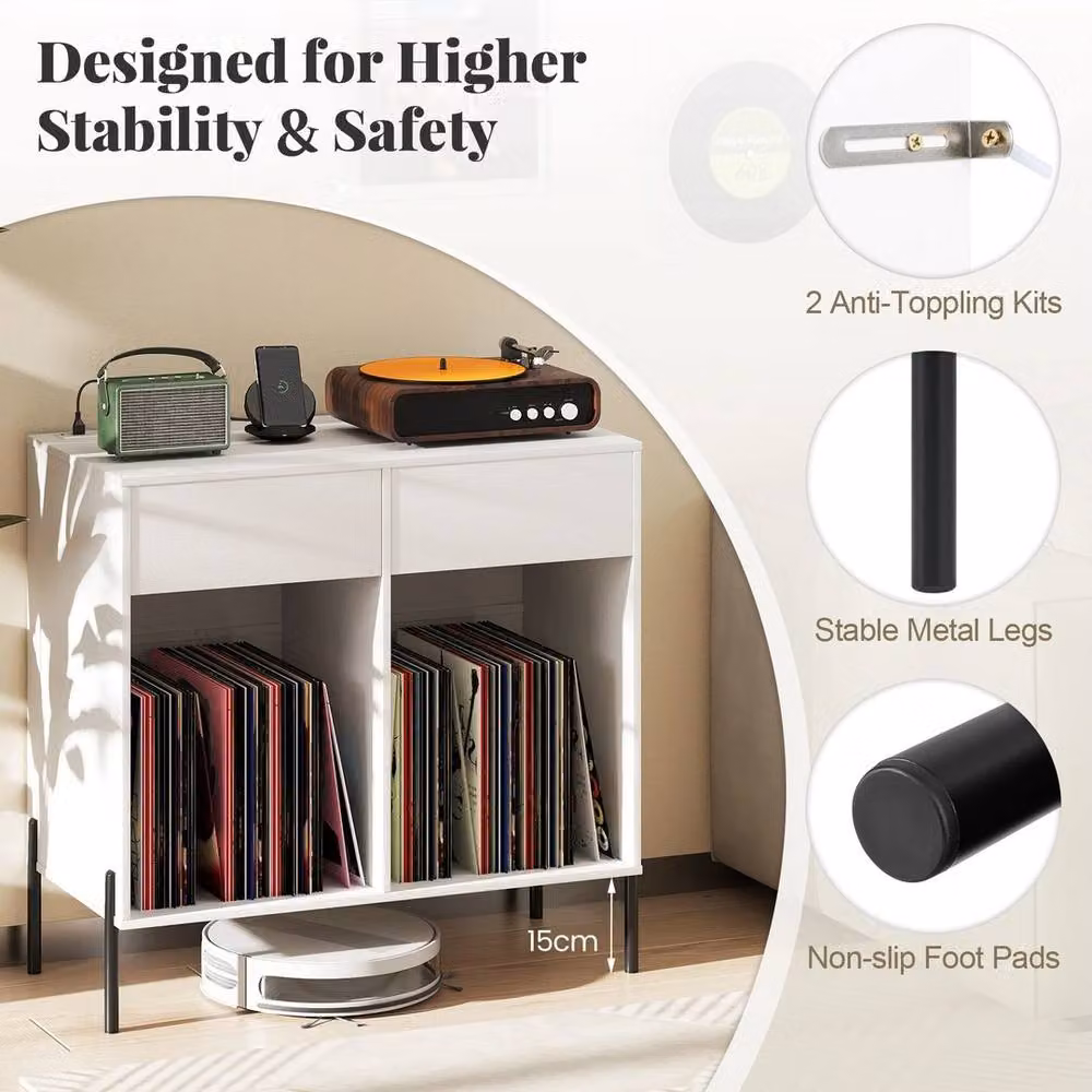 VOGREX White Modern Double Wide Turntable Stand with Media Compartments and Grommet – 4