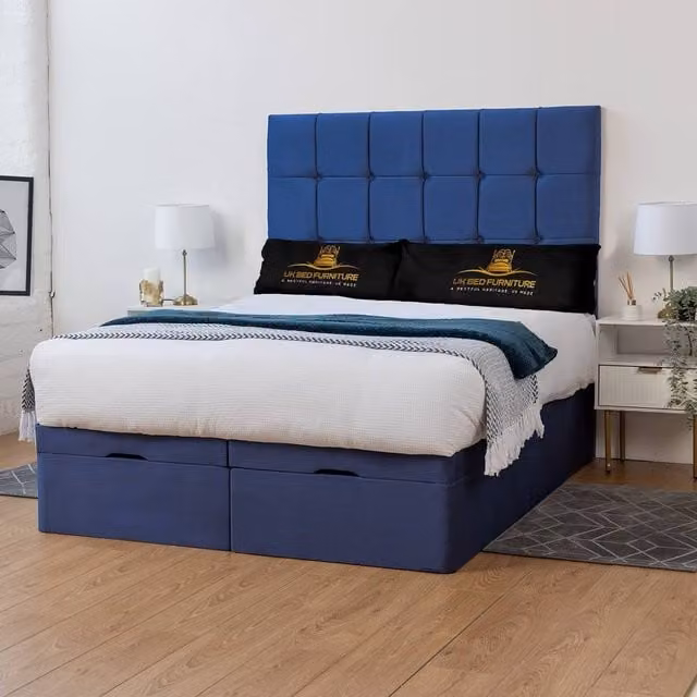 UK Bed Furniture Florence Blue Upholstered Ottoman Storage Divan Bed with End Lift and 54 Inch Headboard, W/D/H: 90 x 190 cm