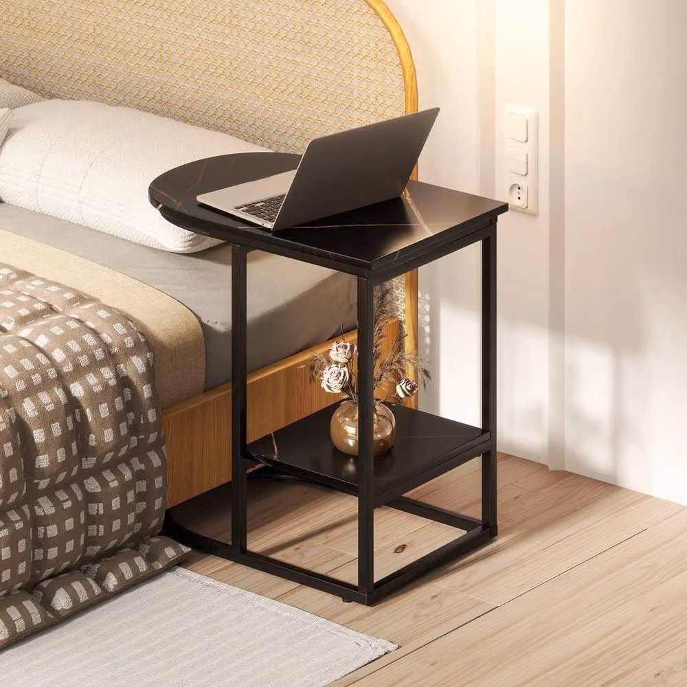 Kelvenix Modern C-shaped End Table with Black Marble Top and Metal Sled Base, W/D/H: 60 x 60 x 60 cm – 3