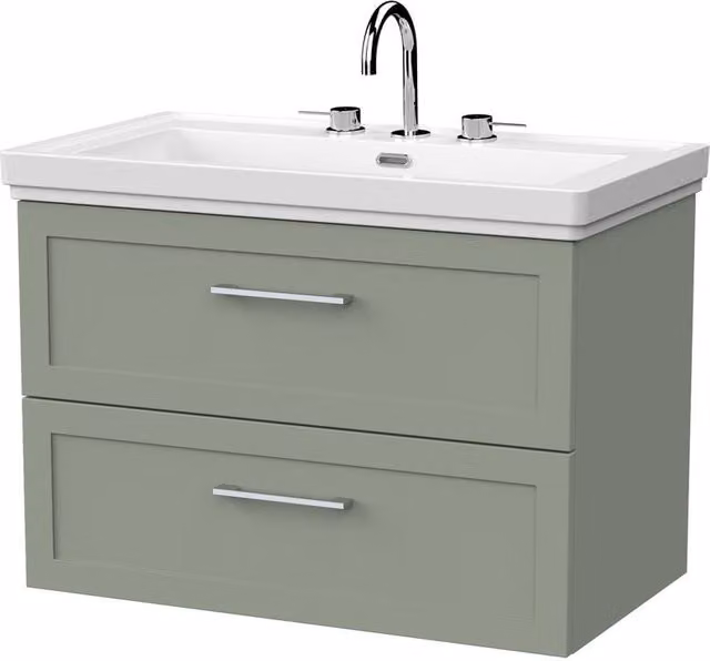 Balterley Stonnall 2 Drawer Wall Mounted Vanity Unit and 3TH Fireclay Basin, Reed Green, Width: 80 cm – 1