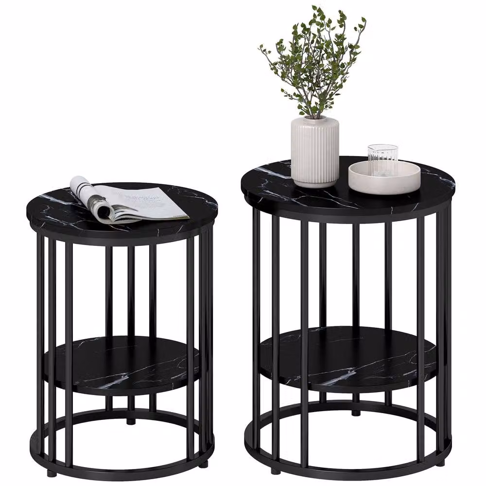 HOMCOM Set of 2 Black Marble-Effect Round Coffee Tables with Metal Legs for your Living Room – 2