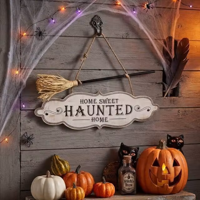 Garden Greatness Haunted Home Wooden Hanging Plaque Decoration, Multicolour, Height: 40 cm – 2