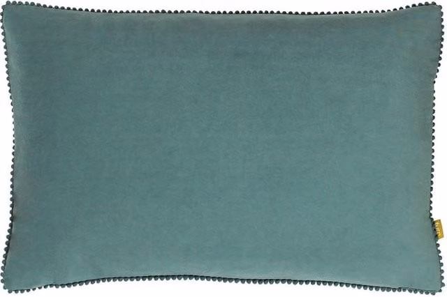 Furn Cosmo Soft Velvet Pom Pom Trimmed Rectangular Cushion in Blue, W: 50 cm, H: 30 cm, D: 30 cm – 1