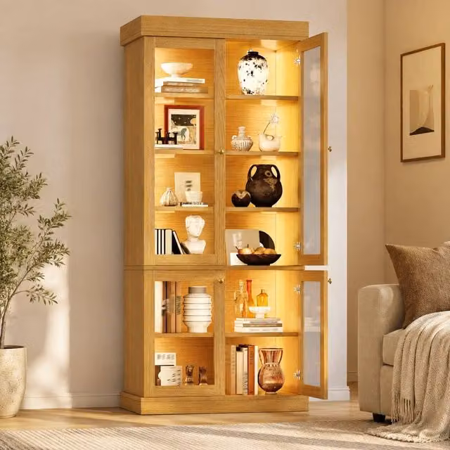 STILVORA Modern Freestanding Storage Cabinet with Glass Doors and Integrated Lighting in Brown – 1