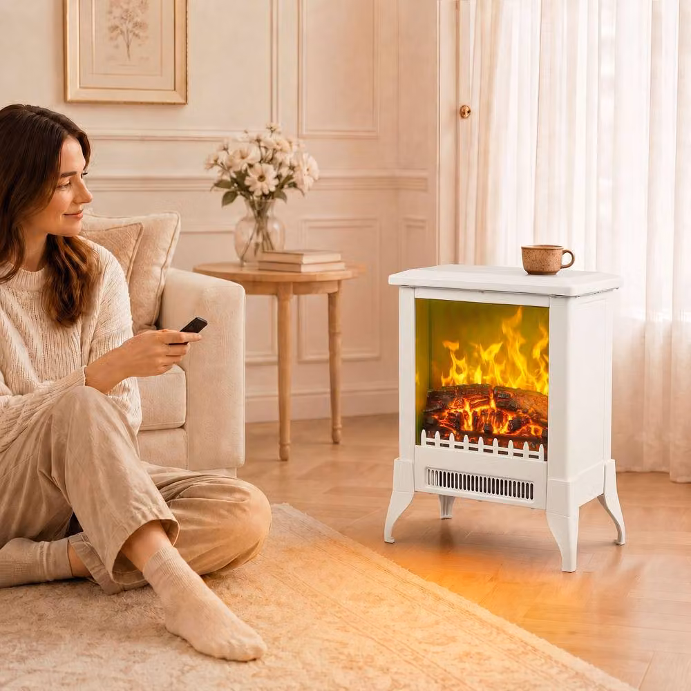 HOMCOM Electric Fireplace Stove with Flame Effect in White – 2