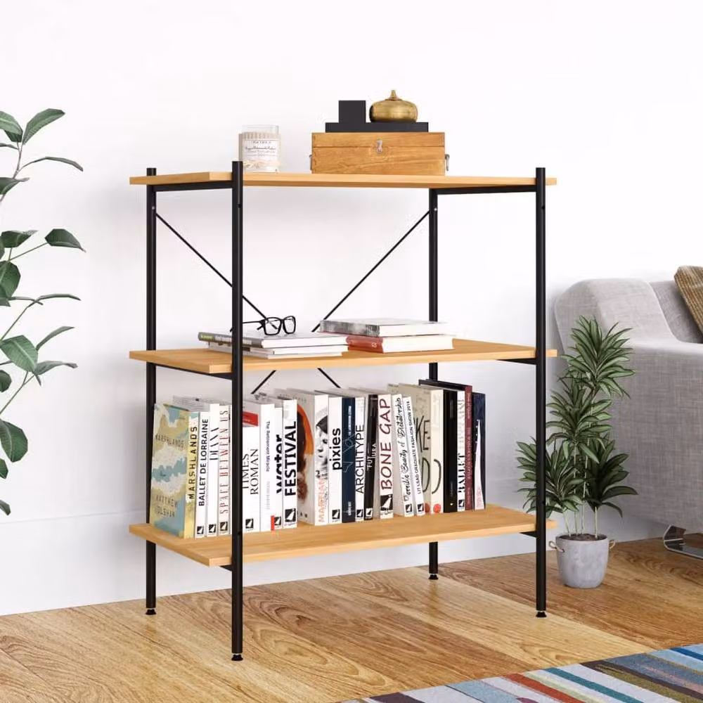 Berkfield Home 3-Tier Industrial Shelving Unit in Black and Oak, W/D/H: 80 x 40 x 92 cm – 2