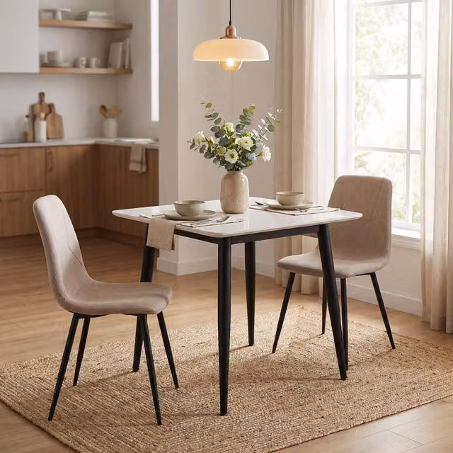 FWStyle Modern Dining Chairs in Beige Fabric with Matt Sand Blasted Metal Legs, Pack of 2