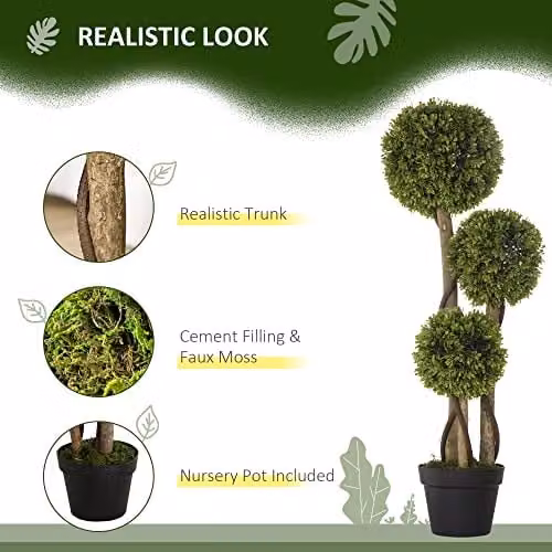 HOMCOM Decorative Artificial Boxwood Ball Topiary Tree in Pot, Green, Height: 90 cm – 3