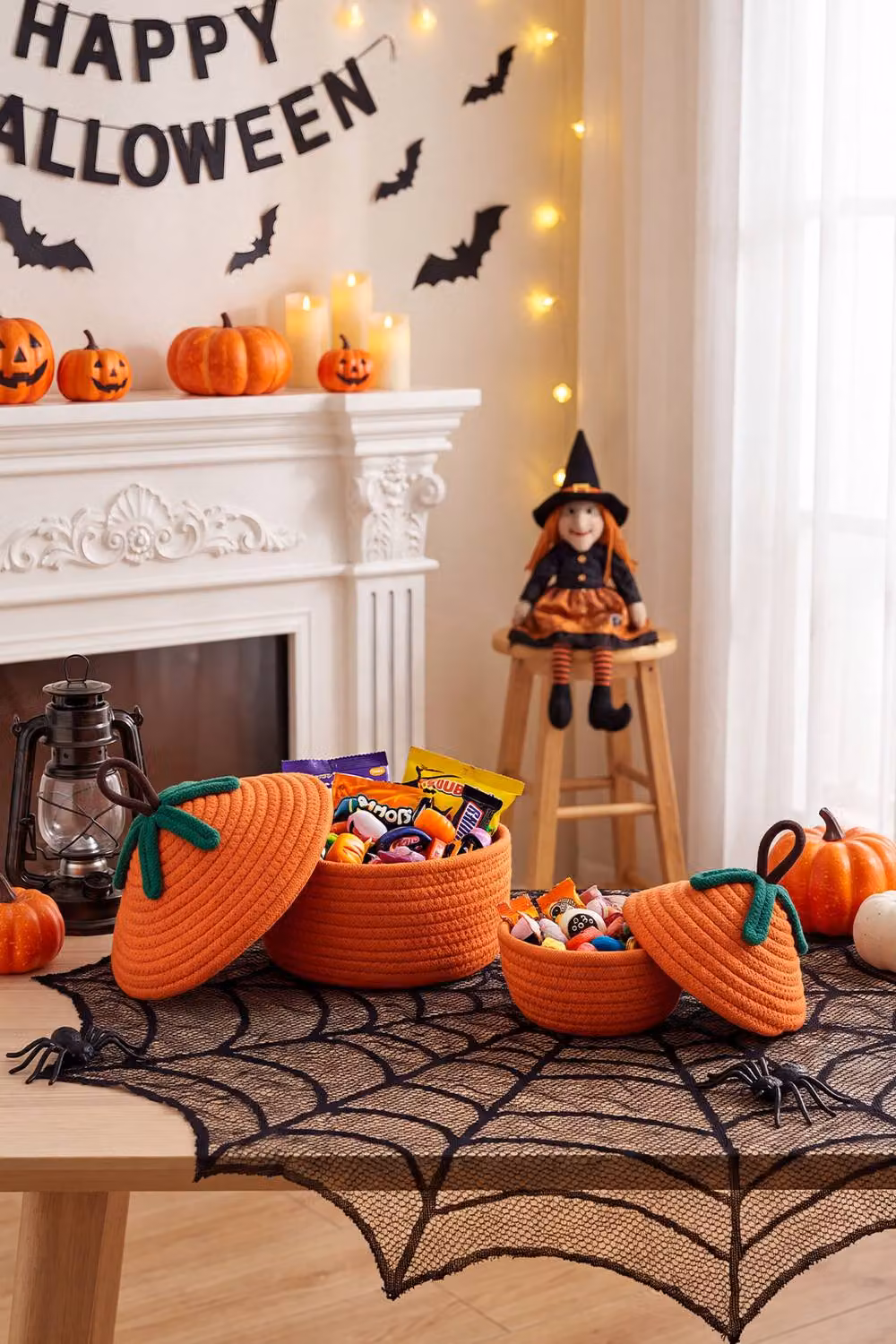 Living and Home 2-Piece Orange Woven Halloween Pumpkin Baskets with Lids – 2