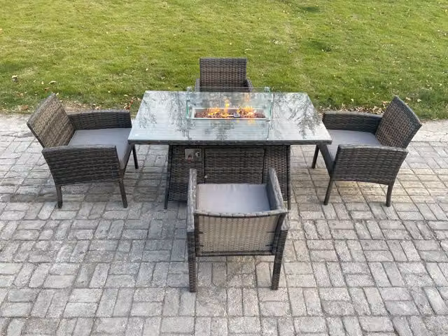 Fimous Outdoor Rattan Garden Furniture Set with Rectangular Gas Fire Pit Table and 4 Dining Chairs in Dark Grey Mixed