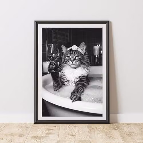 60 Second Makeover Cat In The Bath Wine Animal Print Paper Poster, A3