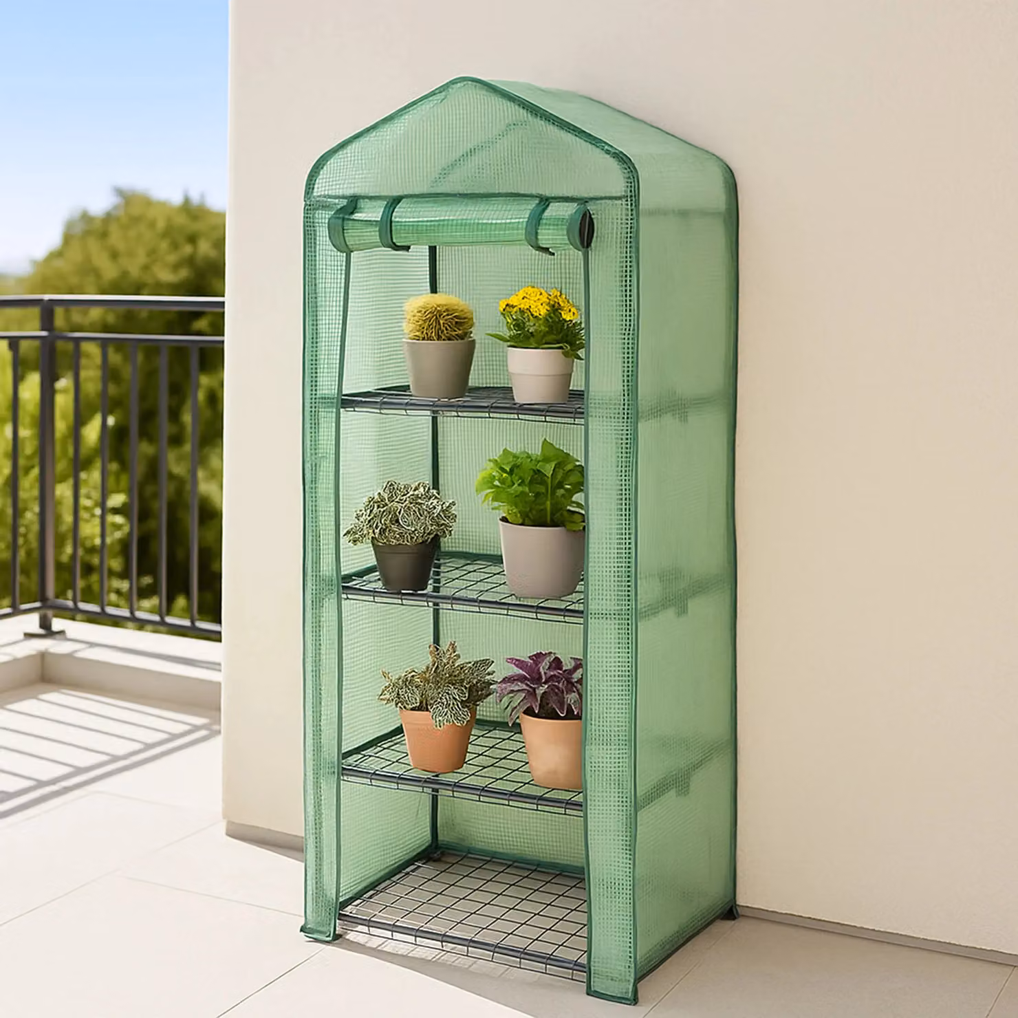 Monstershop 4 Tier Greenhouse with PE Cover and Rollers in Green – 4