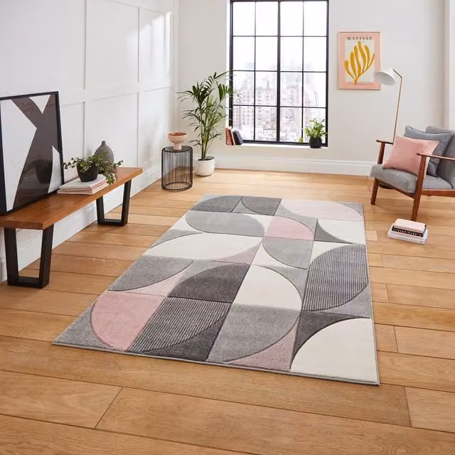 Terrys Modern Geometric Rectangular Rug Grey and Pink W/D/H: 150 x 80 x 1 cm