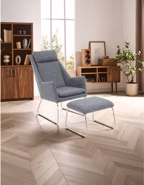 Fifty Five South Orsina Grey Fabric Lounge Chair and Ottoman Set with Metal Frame