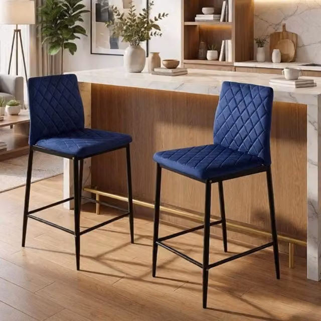 EONLION Set of 2 Modern Blue Velvet Bar Stools with Metal Frame
