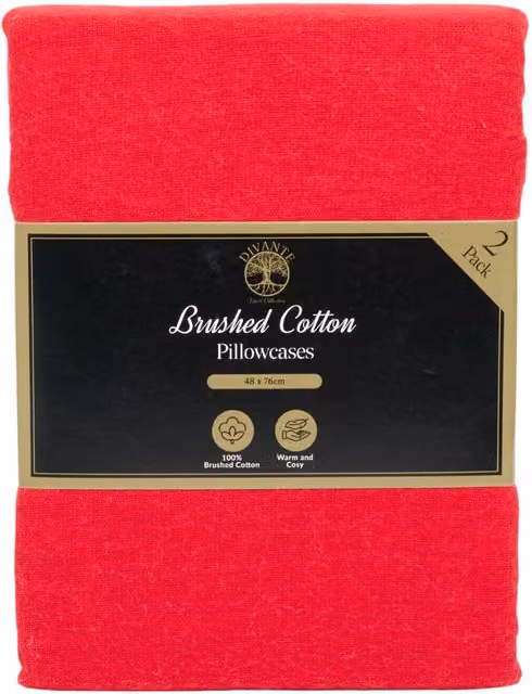 Divante Pack of 2 Red Plain Breathable Cotton Flannelette Pillowcases