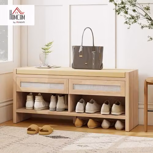 HOMCOM Shoe Bench with 2 Rattan Drawers in Brown Oak Wood Effect, W: 105 cm, D: 35 cm, H: 50 cm – 2