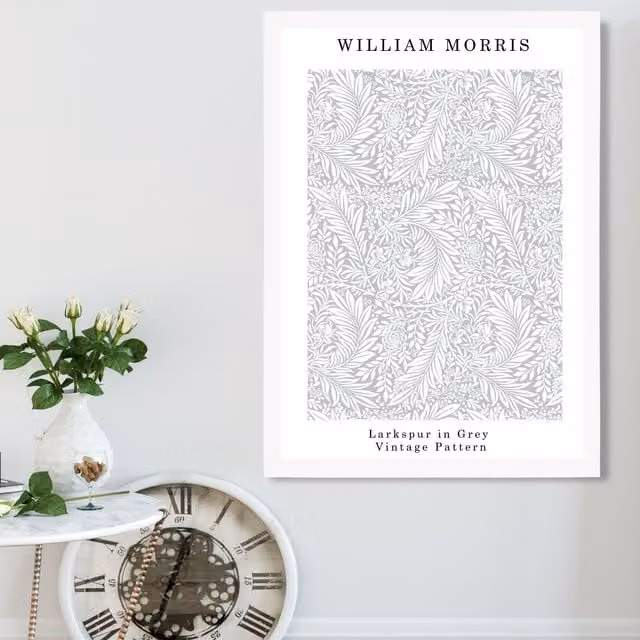 ARTZE William Morris Larkspur Floral Art Print in Grey with White Frame, A3 Size (29.7 x 42.0 cm) – 1