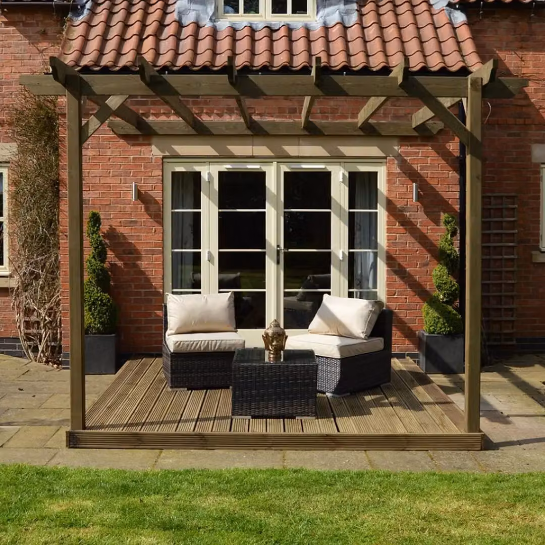 Rutland County Garden Furniture Ltd Wall Mounted Lean-to Pent Pergola and Decking Kit, Brown, W: 240 cm, D: 240 cm, H: 270 cm – 2