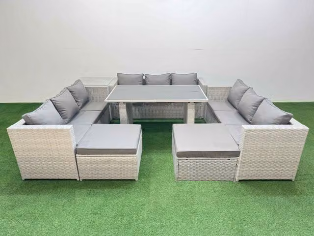Fimous Modern Rattan Garden Furniture Set with Side Table and 2 Stools in Light Grey