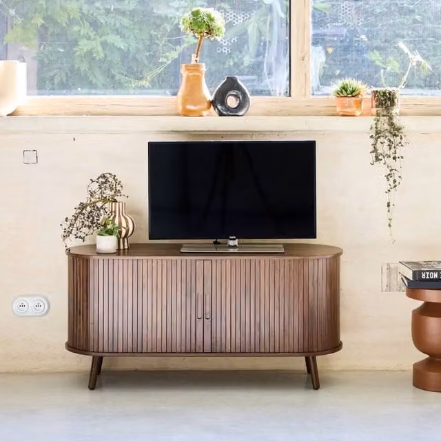 Sweekeec Scandi-style TV Unit with Grooved Wooden Effect and 2 Sliding Doors, Dark Brown, W/D/H: 120 x 40 x 57 cm