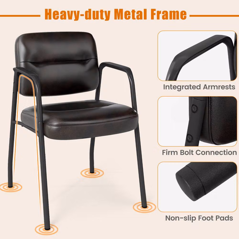 Costway Set of 2 Brown Upholstered PU Leather Waiting Room and Conference Chairs with Armrests – 3