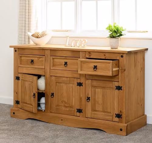 Seconique Corona 3 Door 3 Drawer Sideboard in Rustic Waxed Brown Pine – 2