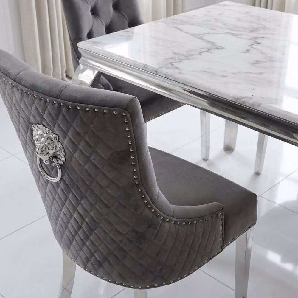 Home Luxe Interior Sofia Dining Set with Cream Gold Marble Table and 6 Grey Lion Back Velvet Chairs, Width: 160 cm – 6
