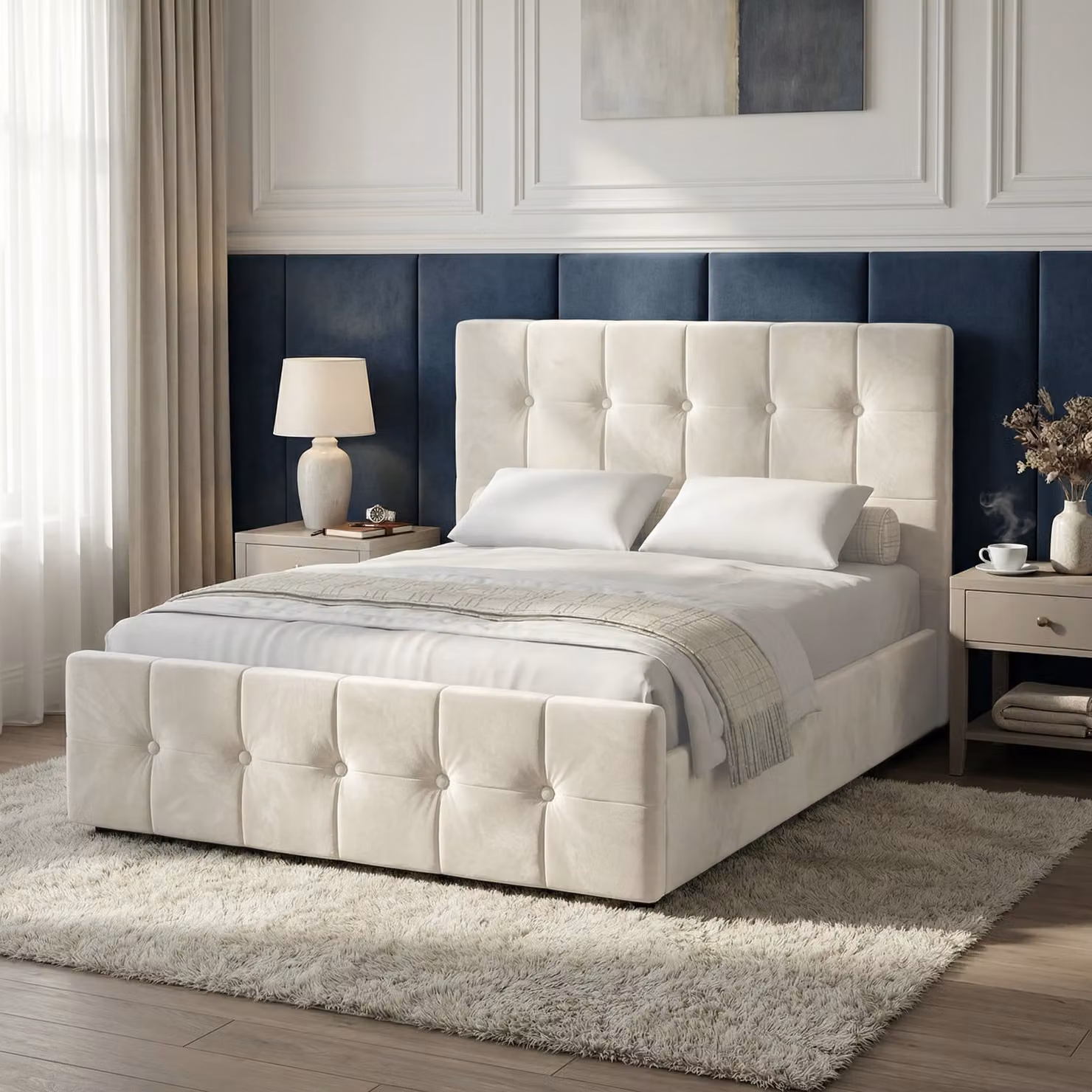 DHS Beige Velvet Square Ottoman Storage Bed Frame, Double (140 x 200 cm)