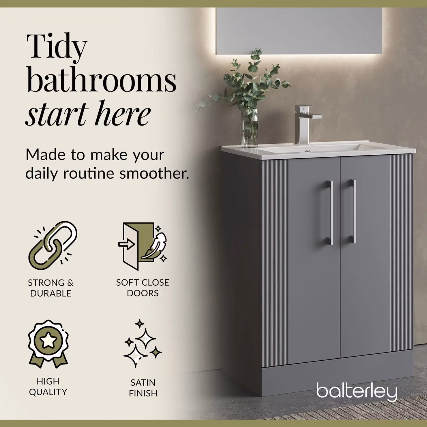 Balterley Grey Floor Standing Bathroom Vanity Unit with Rectangular Basin and Soft Close 2 Doors – 3
