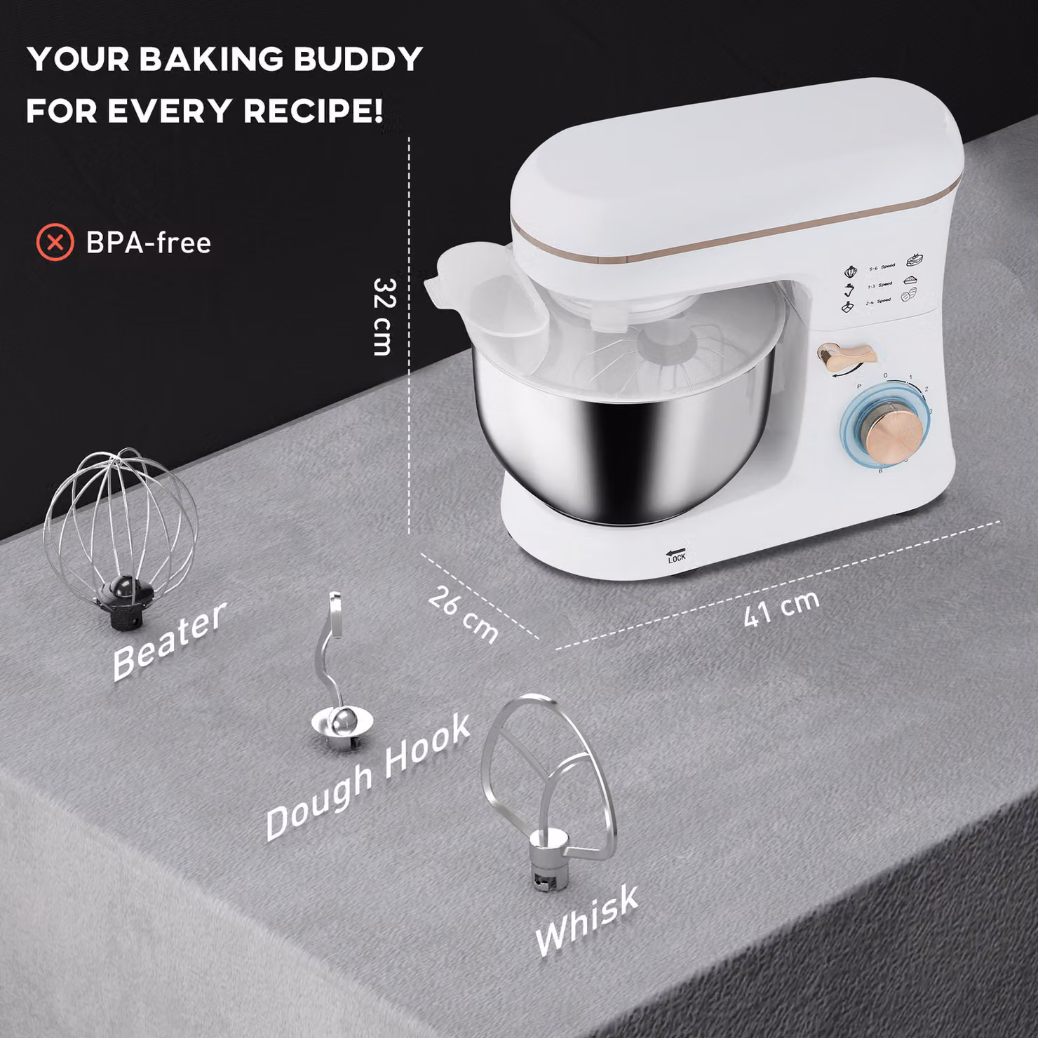 HOMCOM 1400W Electric Food Mixer in White with 5L Stainless Steel Bowl, 6 Speeds and Pulse Setting – 3