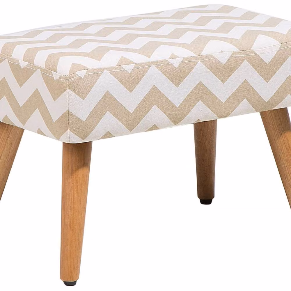 Wyld and Coco Beige Cotton Footstool with Rubberwood Legs and Geometric Chevron Pattern