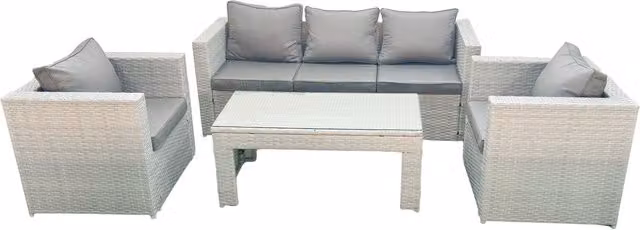 Fimous 4 Piece Rattan Garden Furniture Set in Grey with 2 Seater Sofa, 2 Armchairs and Coffee Table